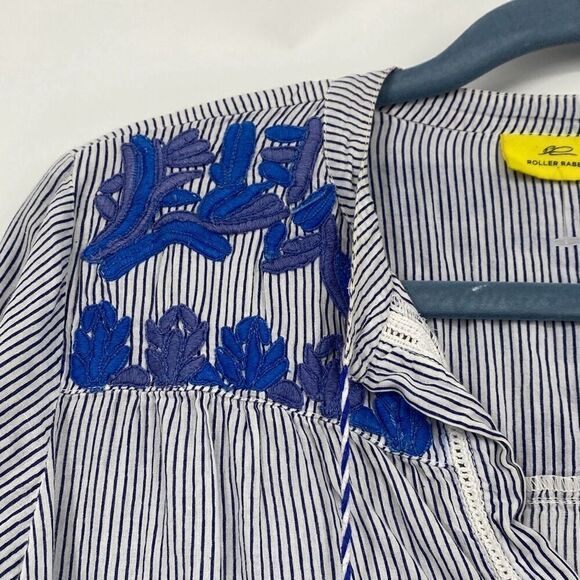 Roller rabbit Navy Pinstriped boho peasant blouse top Hand embroidered 100% Cott - Picture 8 of 14